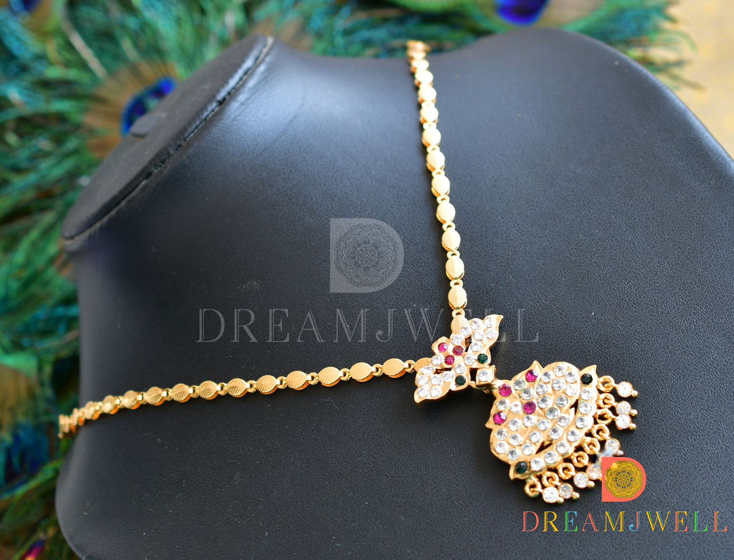 Gold tone white-pink-green south Indian style necklace dj-36534