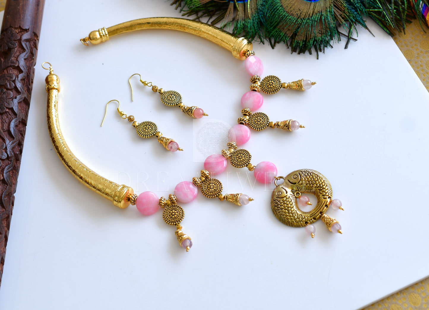 Handmade Antique Charms Pink Coin Faceted Beads Necklace Set d-j11963