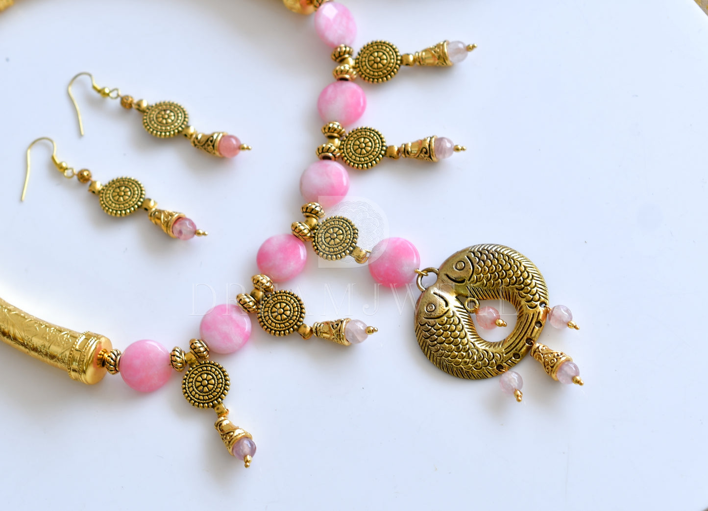 Handmade Antique Charms Pink Coin Faceted Beads Necklace Set d-j11963