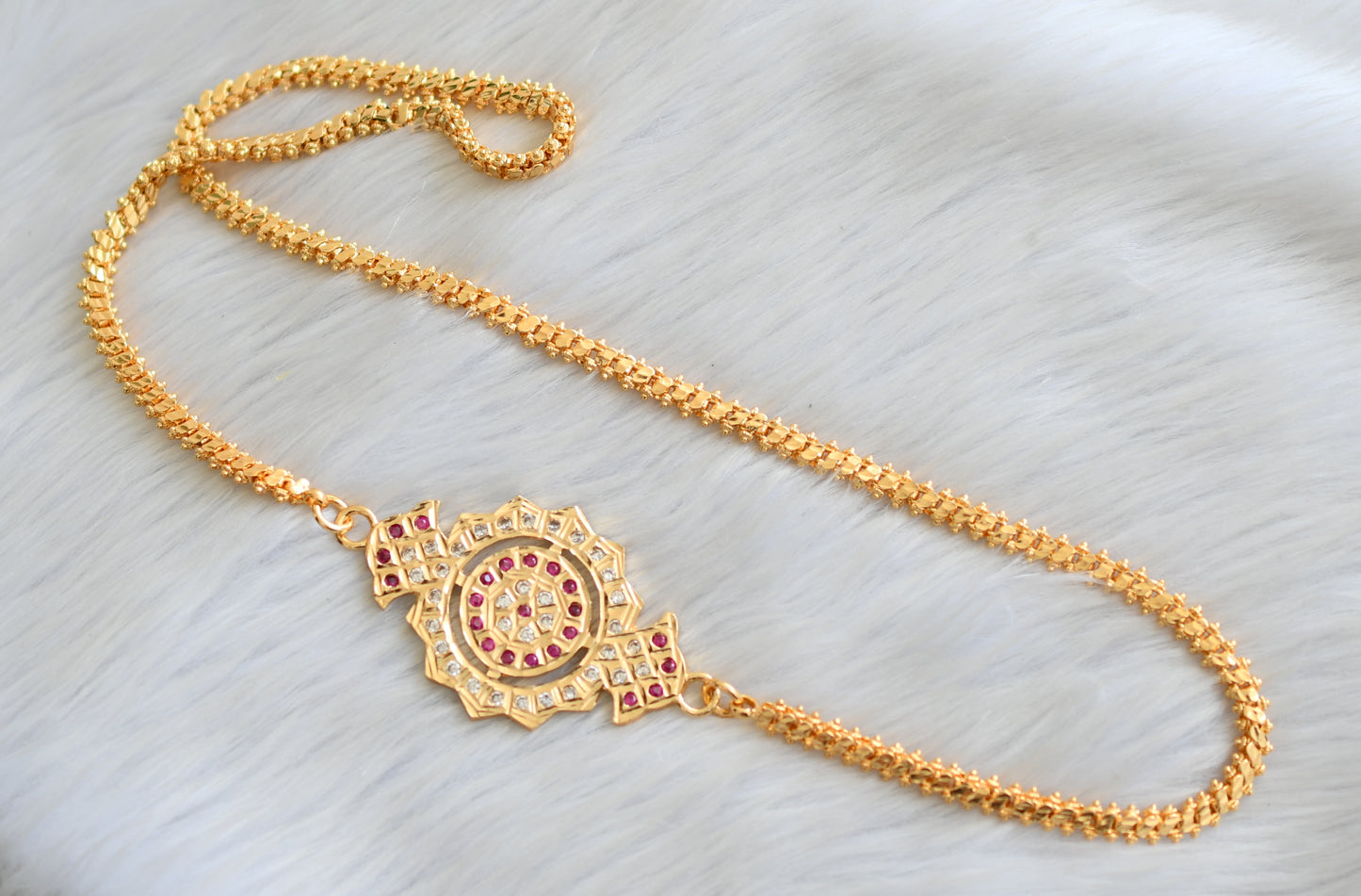Gold tone ruby-white stone south Indian style mugappu chain dj-41654