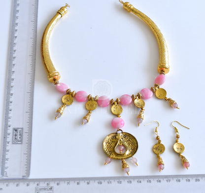 Handmade Antique Charms Pink Coin Faceted Beads Necklace Set d-j11963