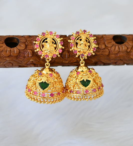 Gold tone pink-green palakka Lakshmi Kerala style jhumkka dj-40309