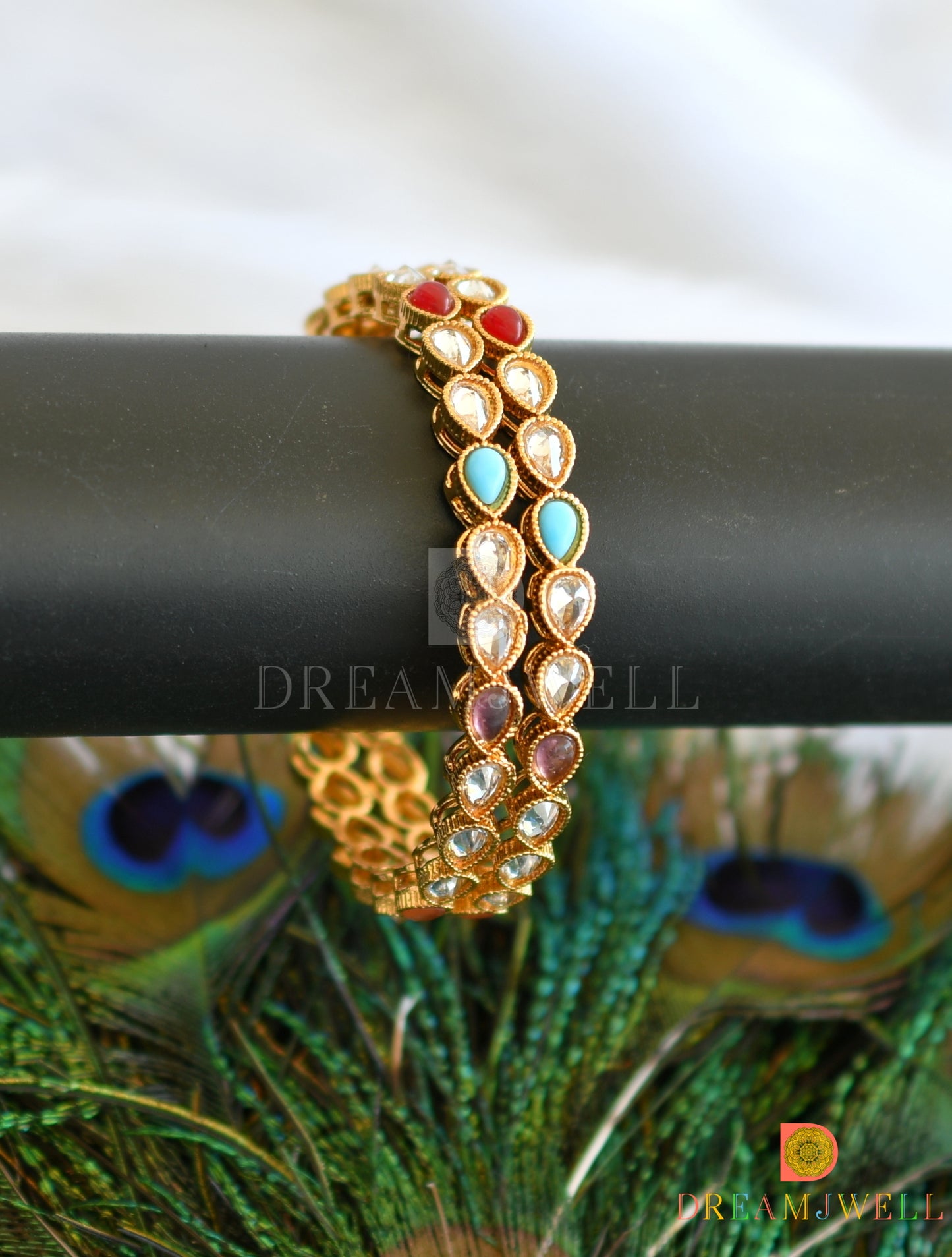 Gold tone multicolor polki set of 2 bangles (2.4) dj-05745