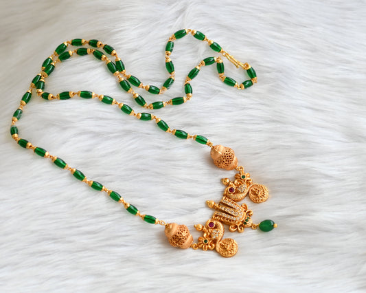 Matte finish ruby-emerald-white peacock-Namam-Lakshmi coin pendant with green beads chain dj-39630
