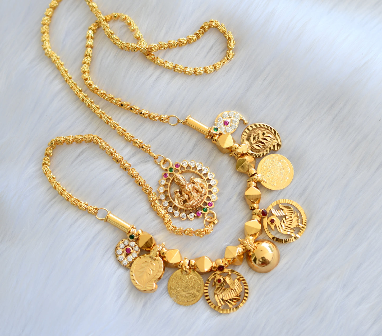 Gold tone pink-green-white stone mango-Lakshmi coin swan mangalyam with Lakshmi mugappu chain dj-40316