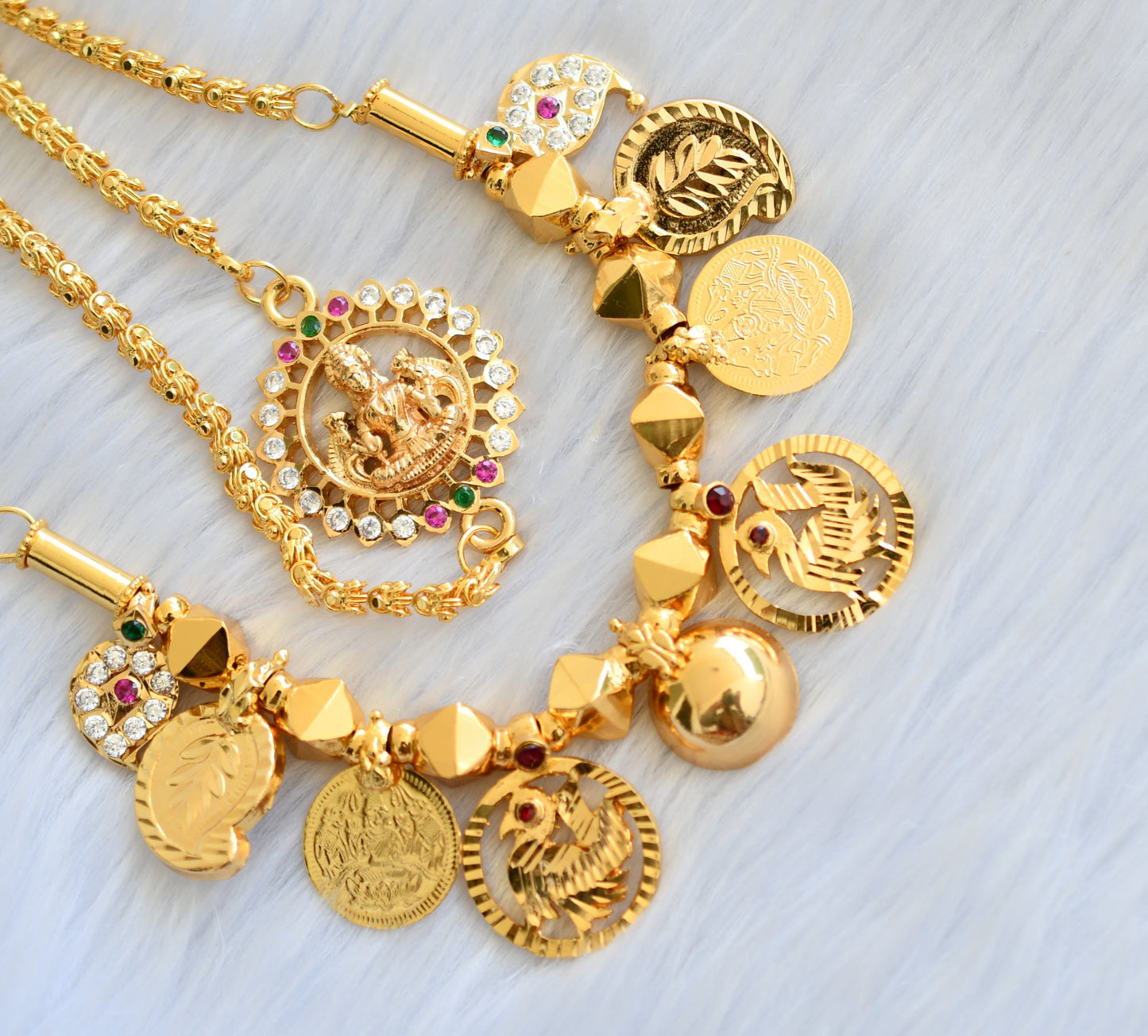 Gold tone pink-green-white stone mango-Lakshmi coin swan mangalyam with Lakshmi mugappu chain dj-40316