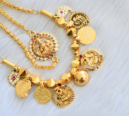 Gold tone pink-green-white stone mango-Lakshmi coin swan mangalyam with Lakshmi mugappu chain dj-40316