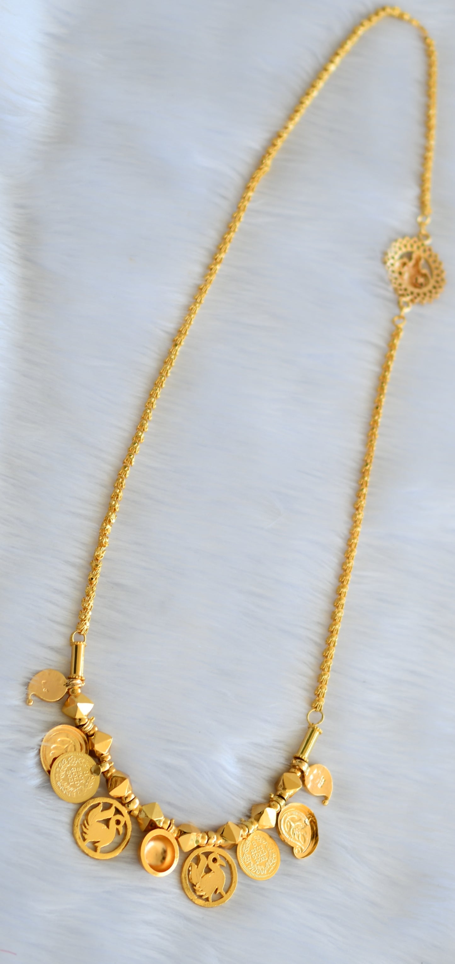 Gold tone pink-green-white stone mango-Lakshmi coin swan mangalyam with Lakshmi mugappu chain dj-40316