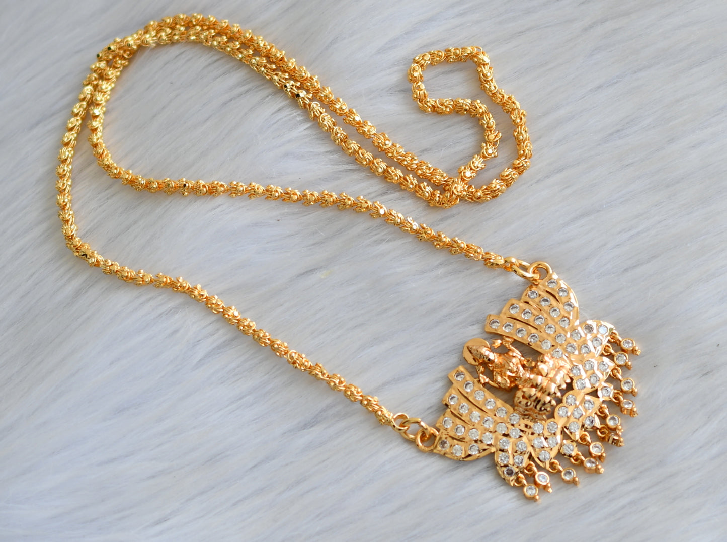 Gold tone white stone Lakshmi-Lotus south Indian style pendant with chain dj-41645
