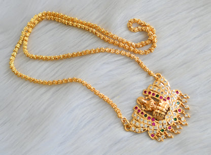 Gold tone white-ruby-green stone Lakshmi-Lotus south Indian style pendant with chain dj-41646