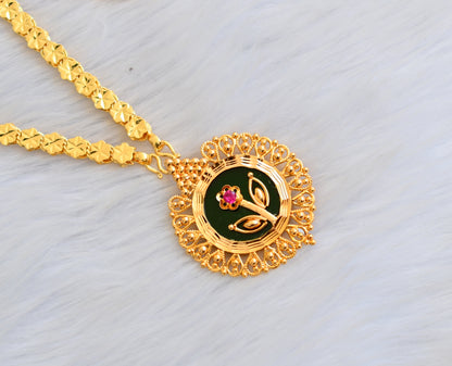 Gold tone pink-green round flower Kerala style pendant with chain dj-40326