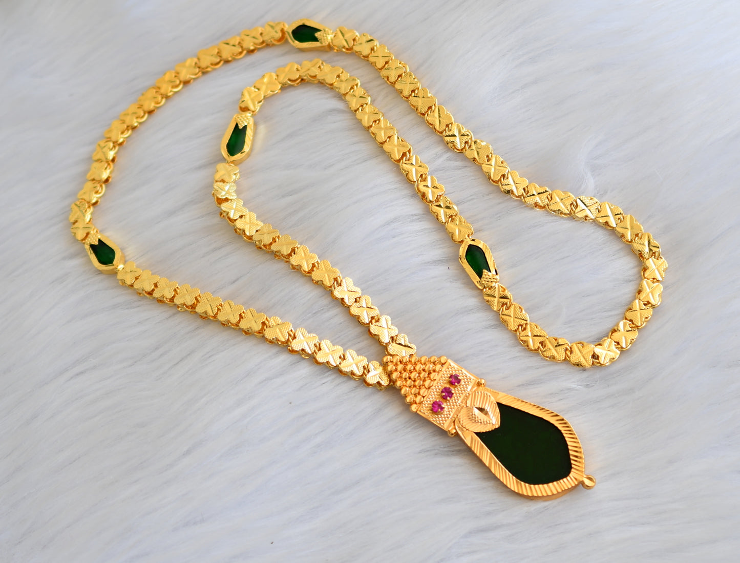 Gold tone pink-green nagapadam Kerala style pendant with chain dj-40323