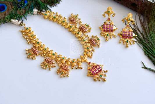 Gold tone semiprecious ruby-emerald uncut polki stone necklace set dj-20869
