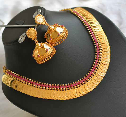 Gold tone ad pink stone Lakshmi coin necklace set dj-39654