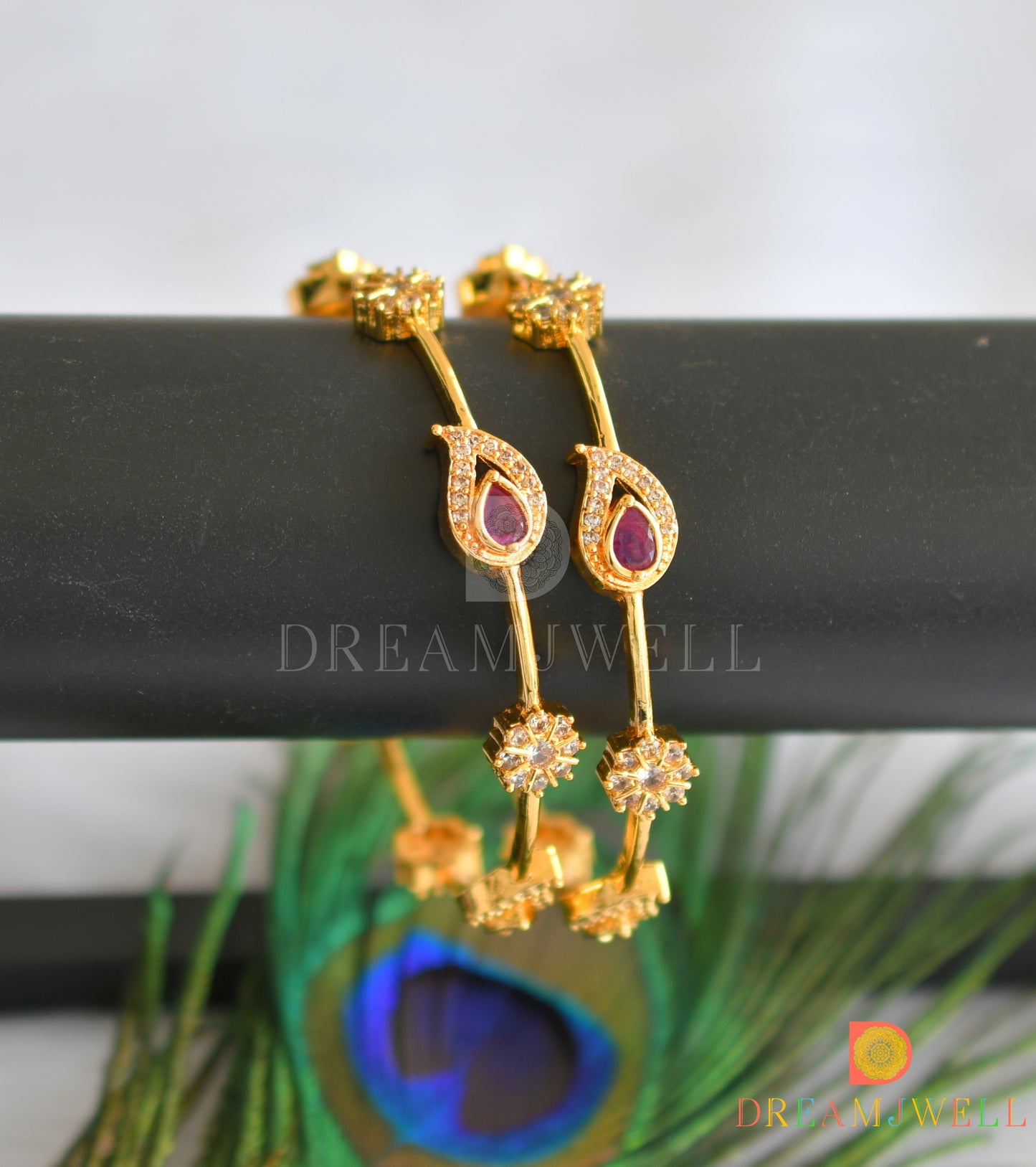 Gold tone cz ruby mango designer bangles (2.8)dj-33986