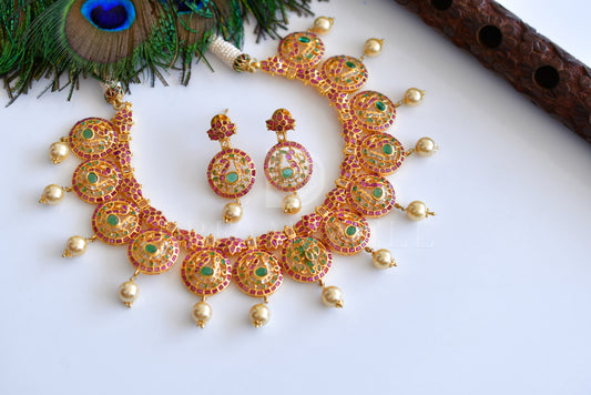 Gold tone semiprecious ruby-emerald uncut polki stone pearl necklace set dj-20871