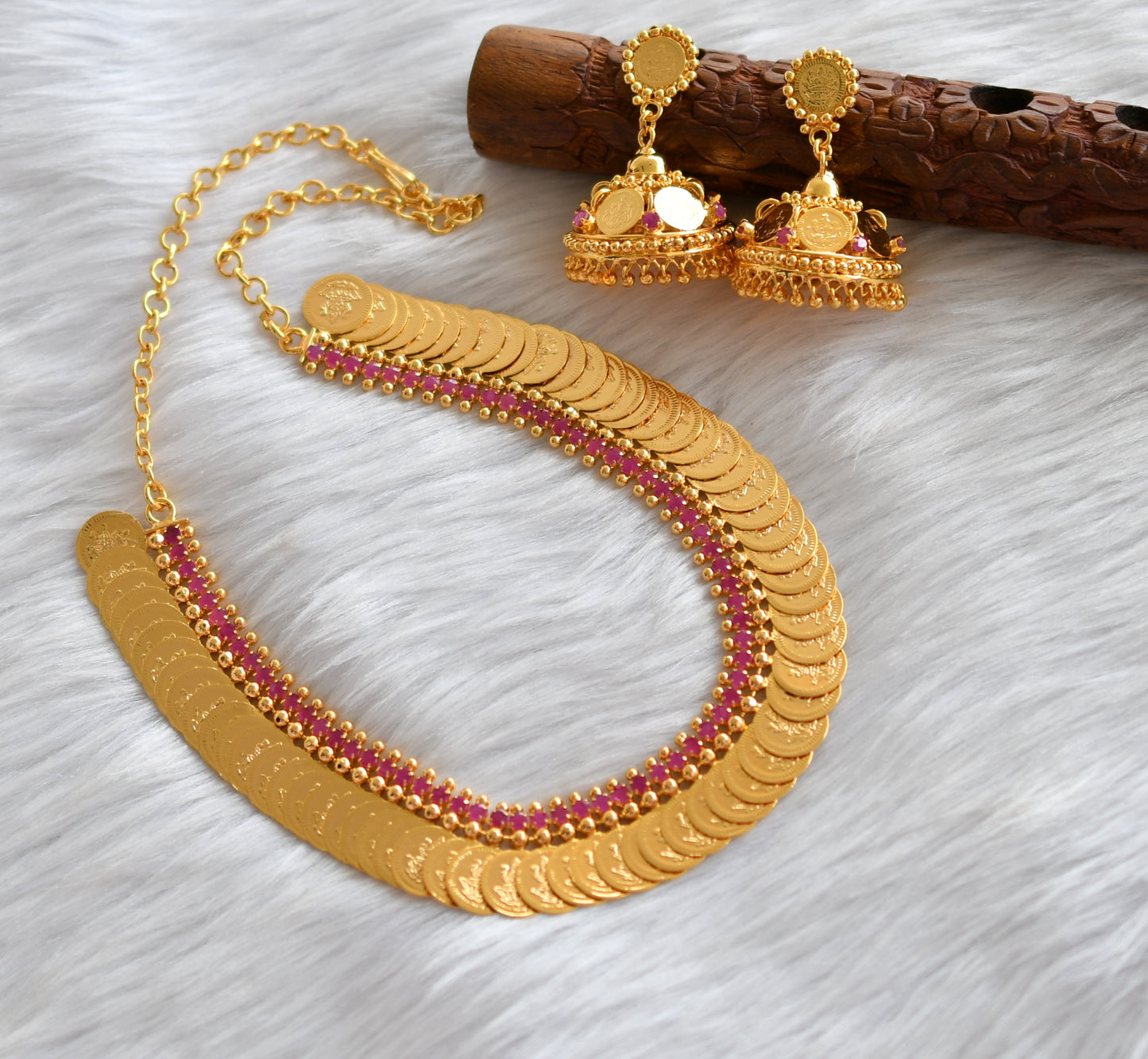 Gold tone ad pink stone Lakshmi coin necklace set dj-39654