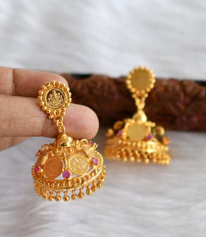 Gold tone ad pink stone Lakshmi coin necklace set dj-39654