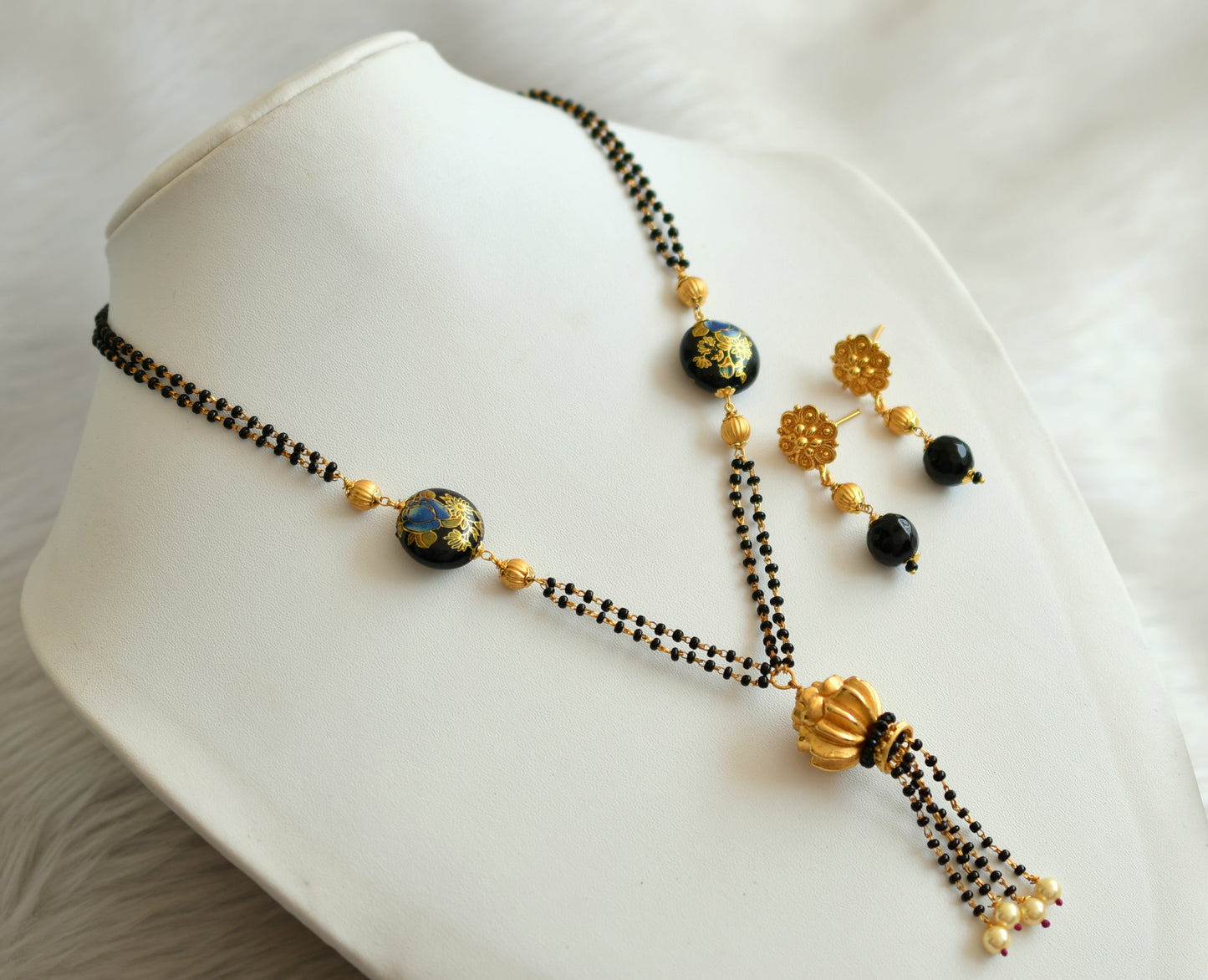 Gold tone blue ball long mangalsutra set dj-18977