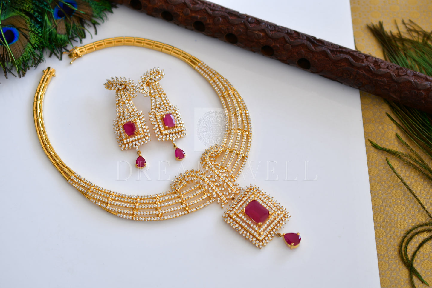 Gold tone cz-ruby bridal necklace set dj-05679