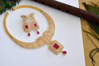 Gold tone cz-ruby bridal necklace set dj-05679