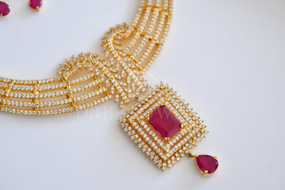 Gold tone cz-ruby bridal necklace set dj-05679