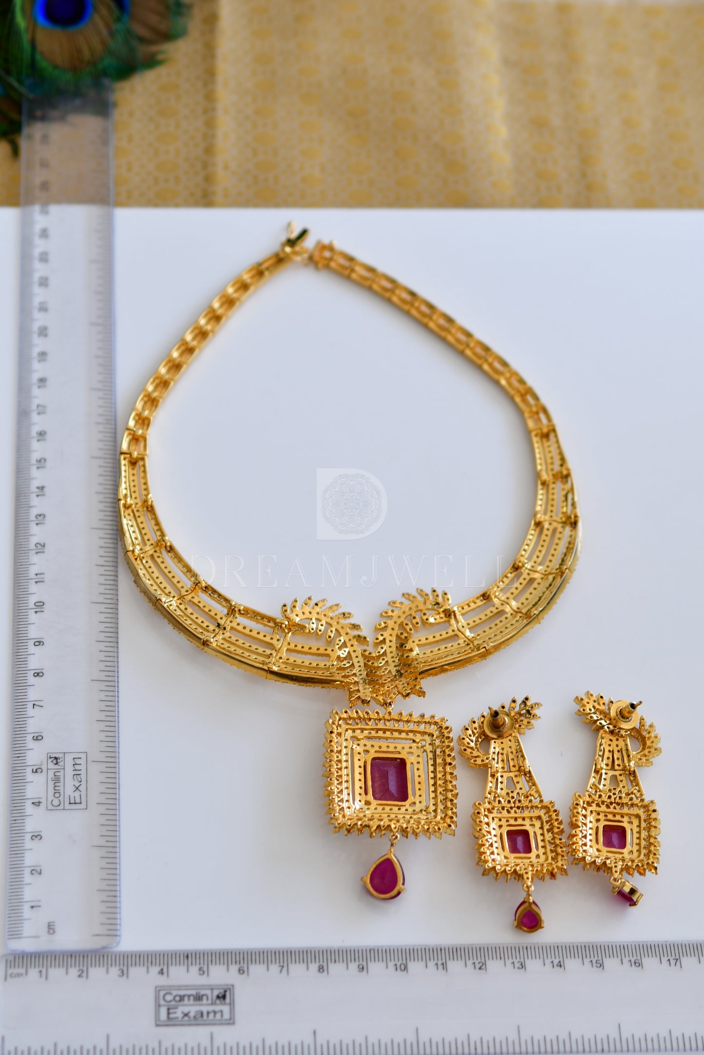 Gold tone cz-ruby bridal necklace set dj-05679