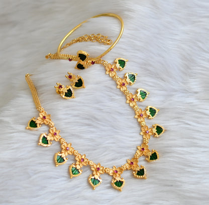 Gold tone pink-green palakka Kerala style necklace set with kada dj-39649