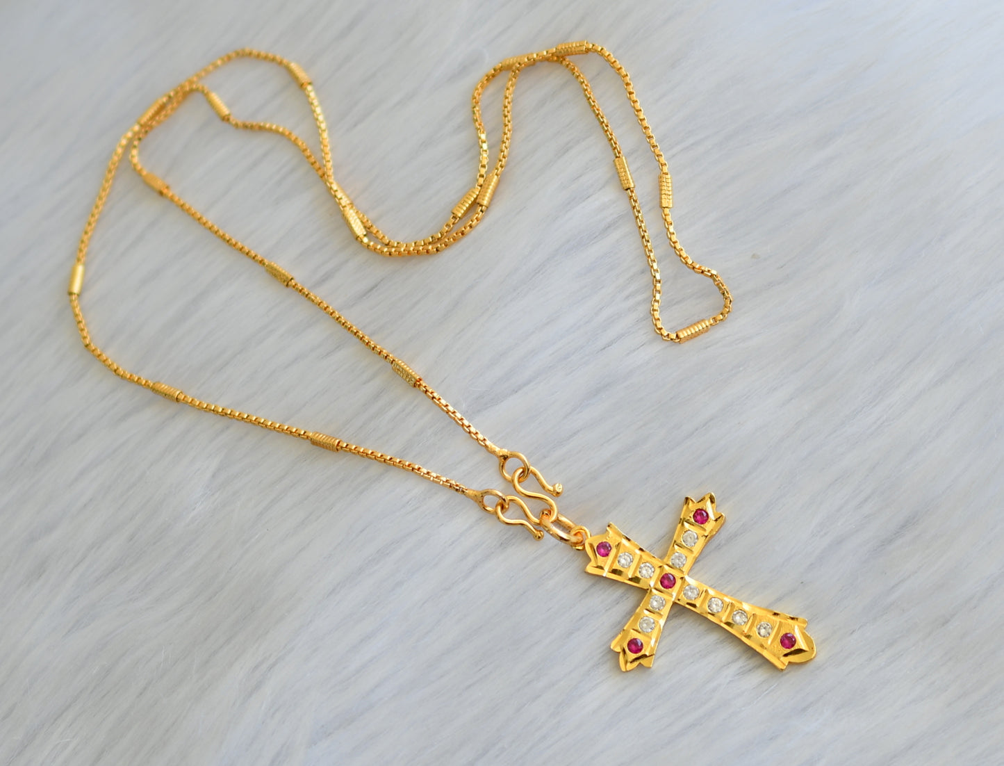 Gold tone ruby-white stone Christian cross pendant with chain dj-40333