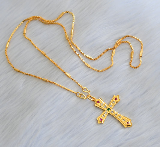 Gold tone ruby-white-green stone Christian cross pendant with chain dj-40334