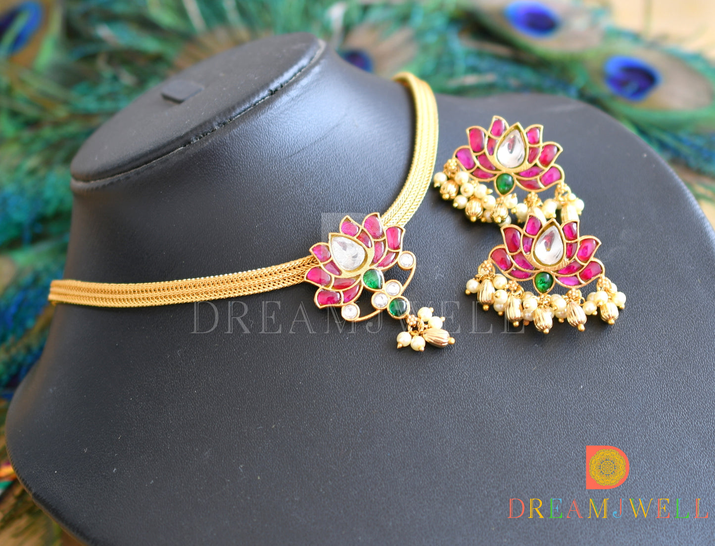 Gold tone pink-green-white Lotus kundan jadau necklace set dj-36560