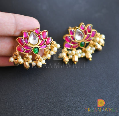 Gold tone pink-green-white Lotus kundan jadau necklace set dj-36560