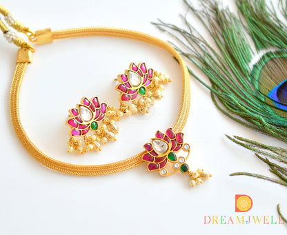 Gold tone pink-green-white Lotus kundan jadau necklace set dj-36560