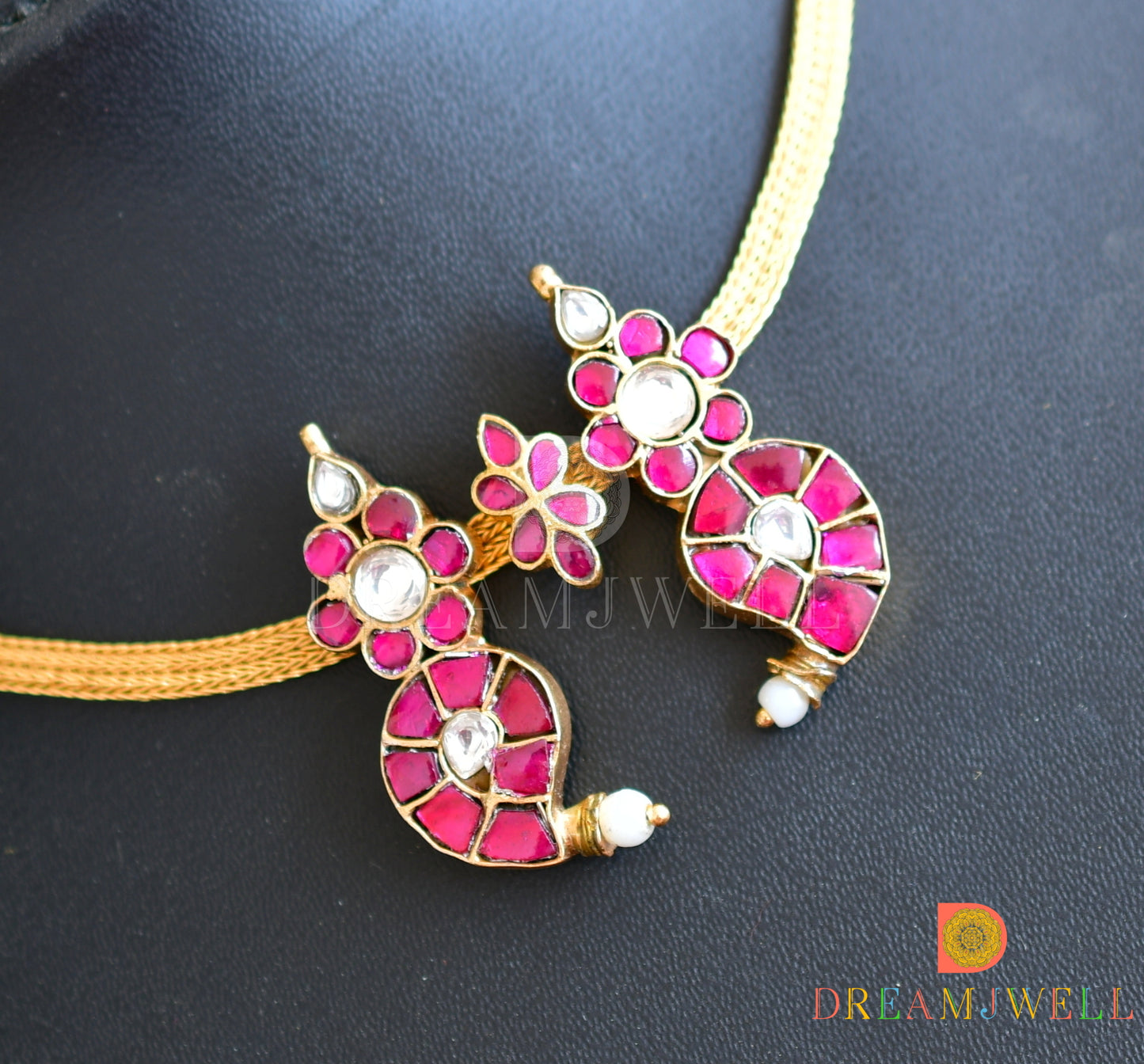 Gold look alike pink-white kundan jadau mango necklace dj-36544