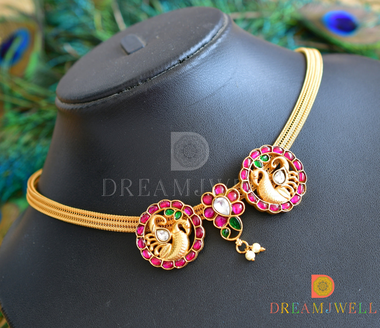 Gold tone pink-green-white kundan jadau swan-mango necklace dj-36549