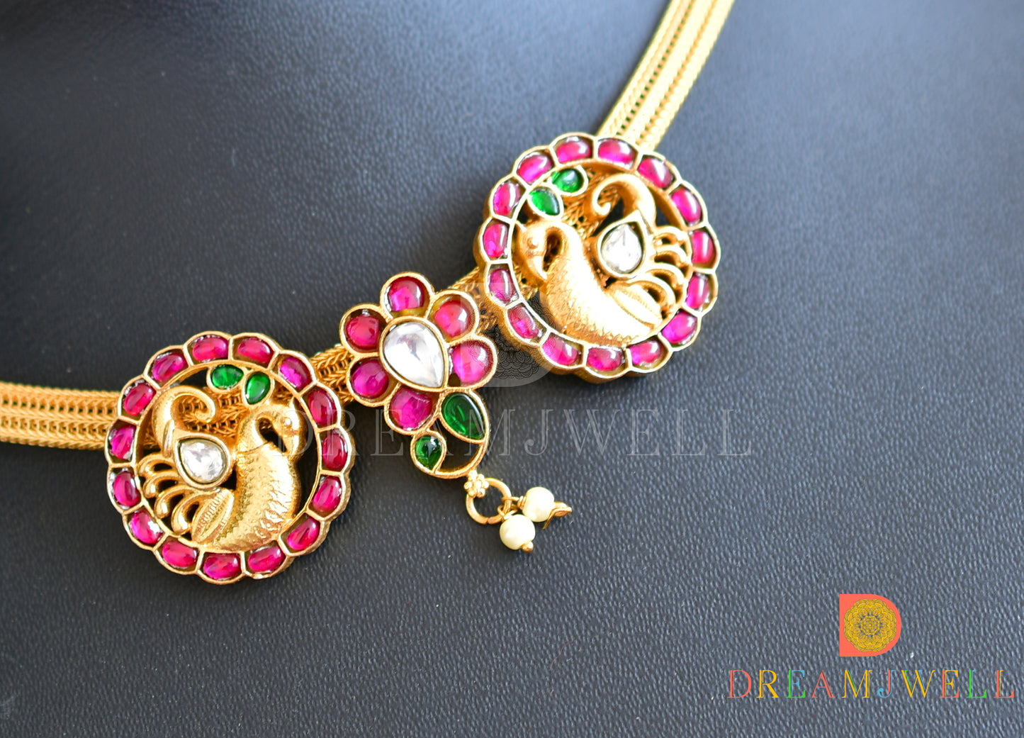 Gold tone pink-green-white kundan jadau swan-mango necklace dj-36549