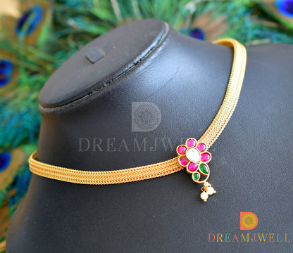 Gold tone pink-green-white mango kundan jadau necklace dj-36545