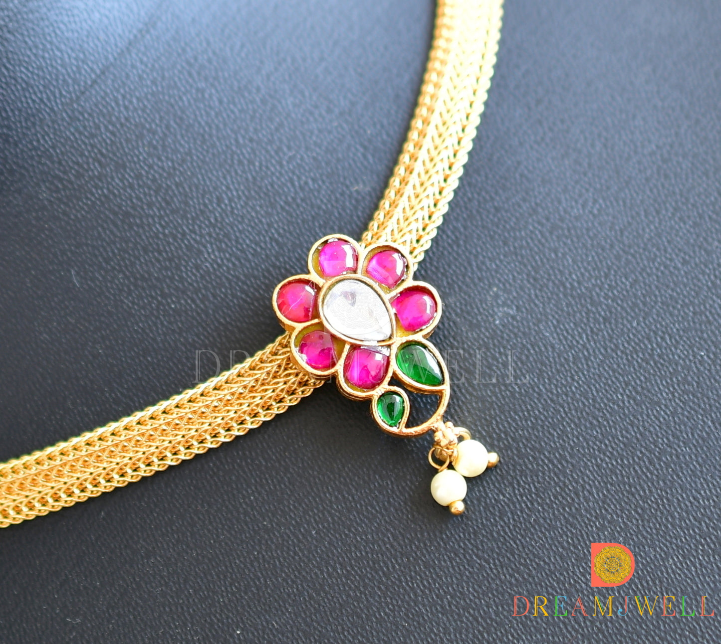 Gold tone pink-green-white mango kundan jadau necklace dj-36545