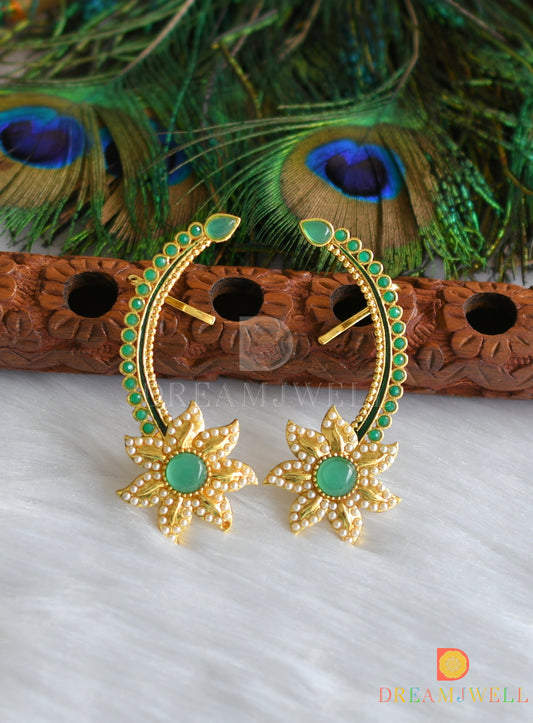 Gold tone green pearl flower ear cuff earrings dj-01186