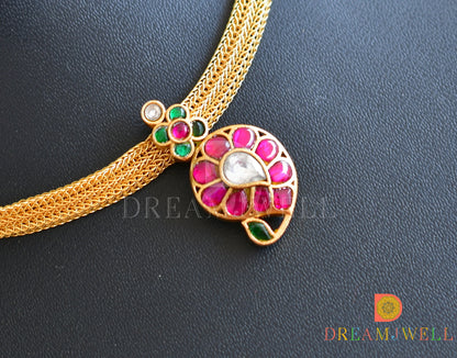 Gold tone pink-green-white mango Kundan jadau necklace dj-36546