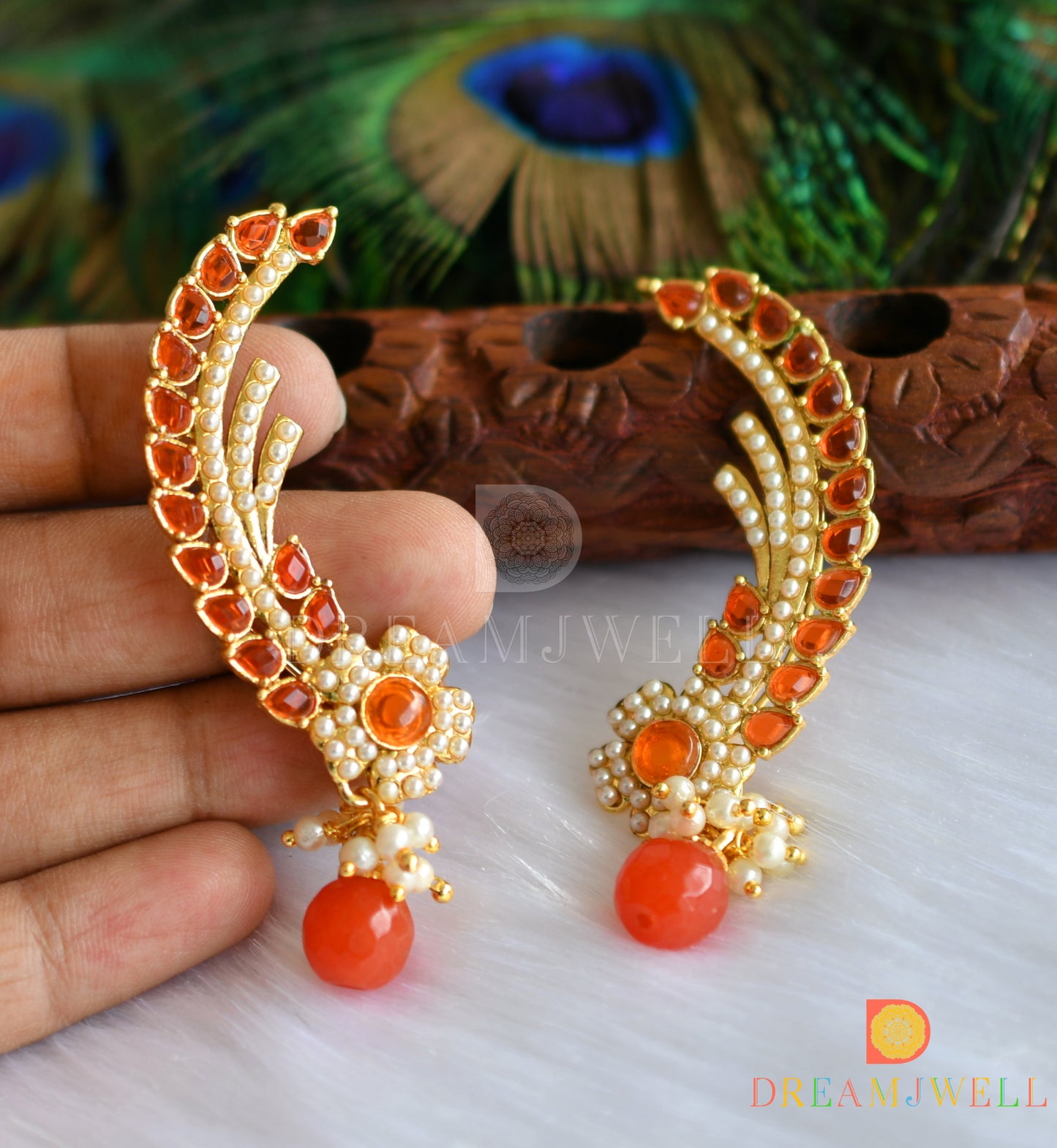 Gold tone orange designer ear cuff earrings dj-01190