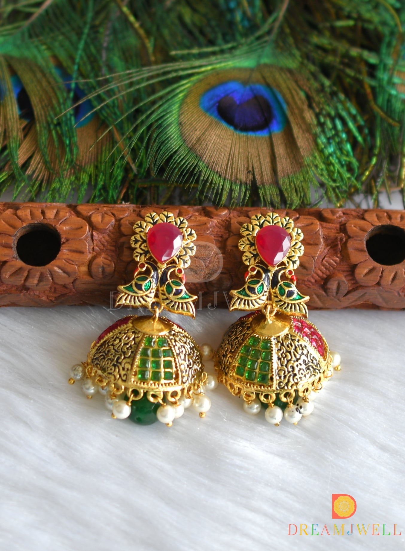 Antique gold tone ruby-emerald peacock Jhumkka dj-01201