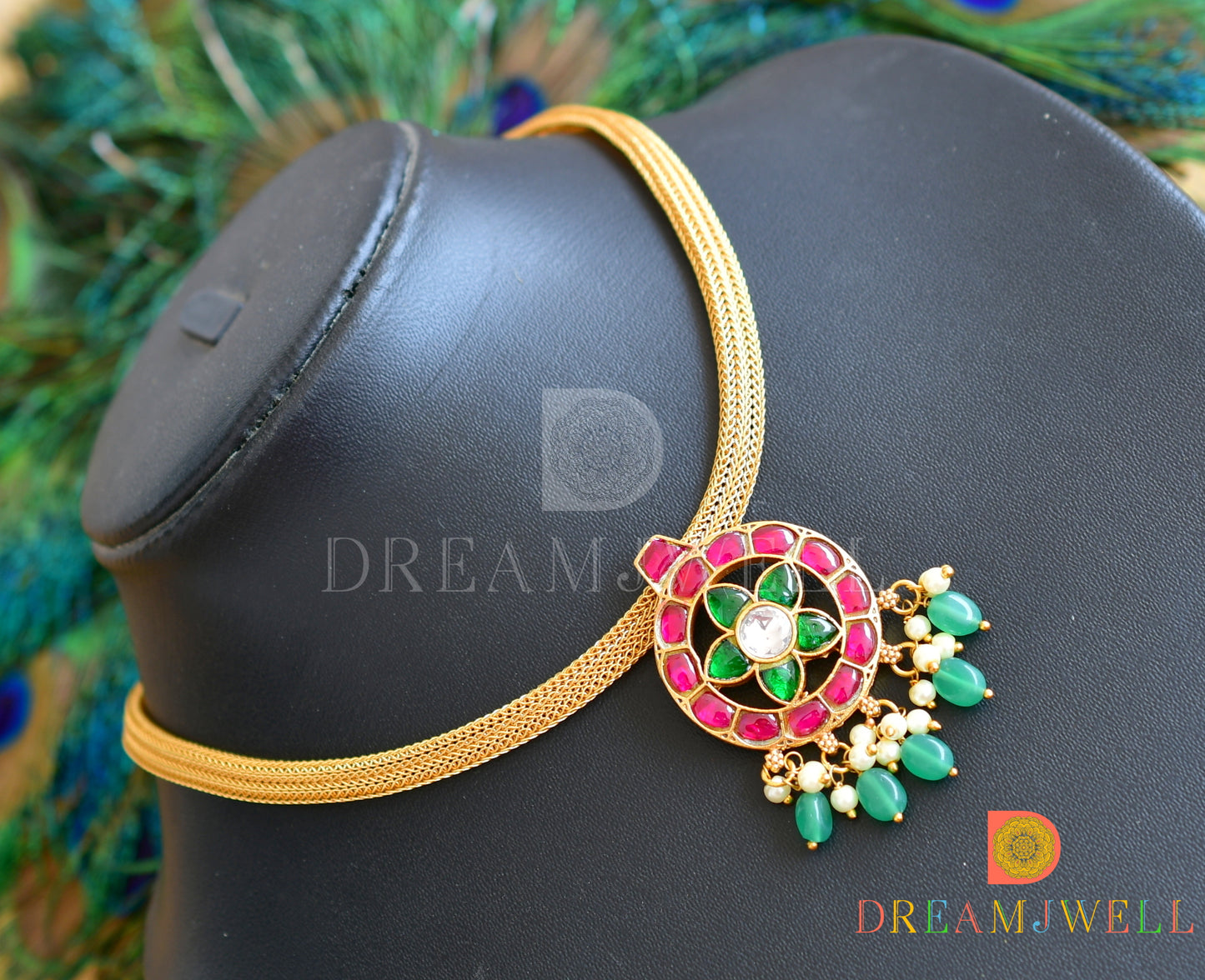 Gold tone pink-green-white kundan jadau necklace dj-36551