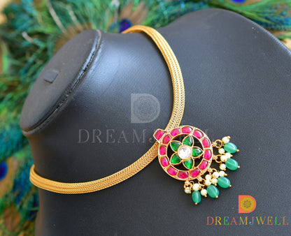 Gold tone pink-green-white kundan jadau necklace dj-36551