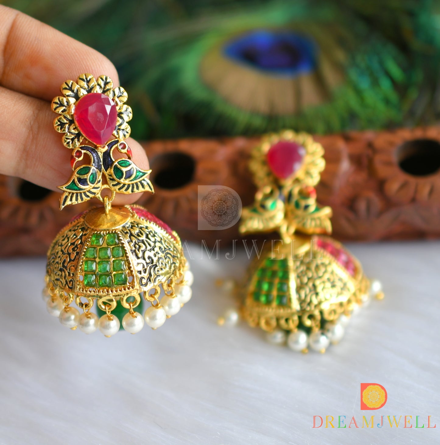 Antique gold tone ruby-emerald peacock Jhumkka dj-01201