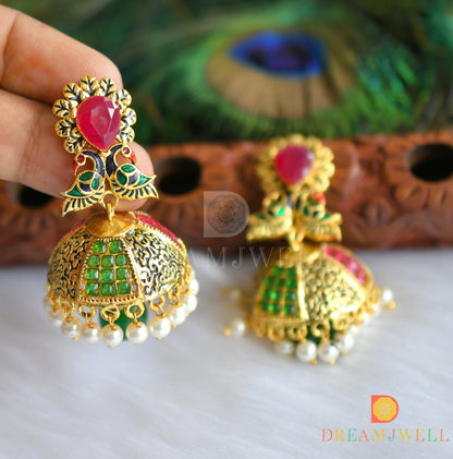 Antique gold tone ruby-emerald peacock Jhumkka dj-01201