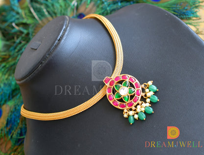 Gold tone pink-green-white kundan jadau necklace dj-36551