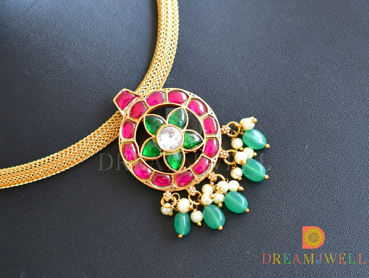 Gold tone pink-green-white kundan jadau necklace dj-36551