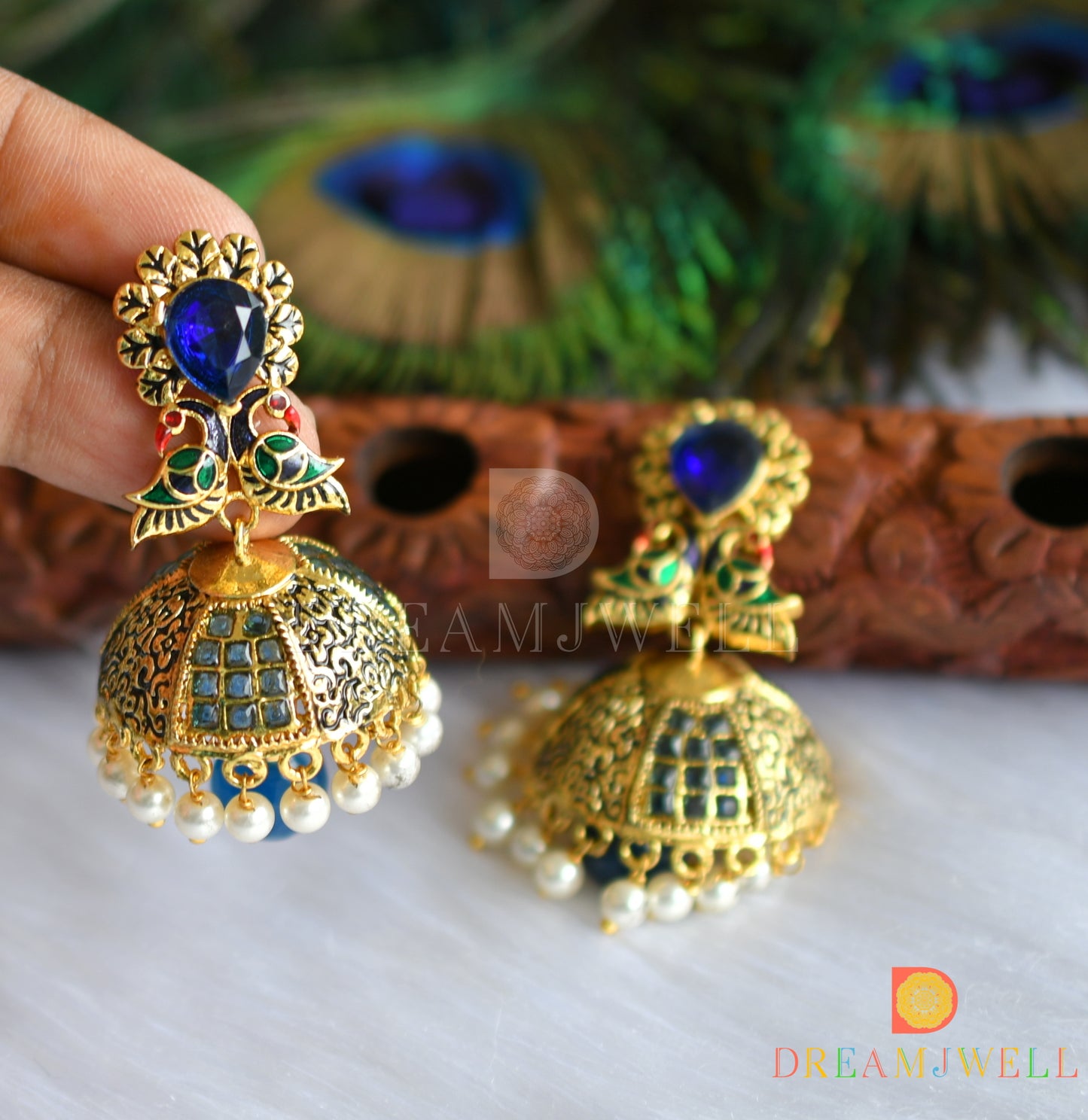 Antique gold tone royal blue pearl peacock Jhumkka dj-01202
