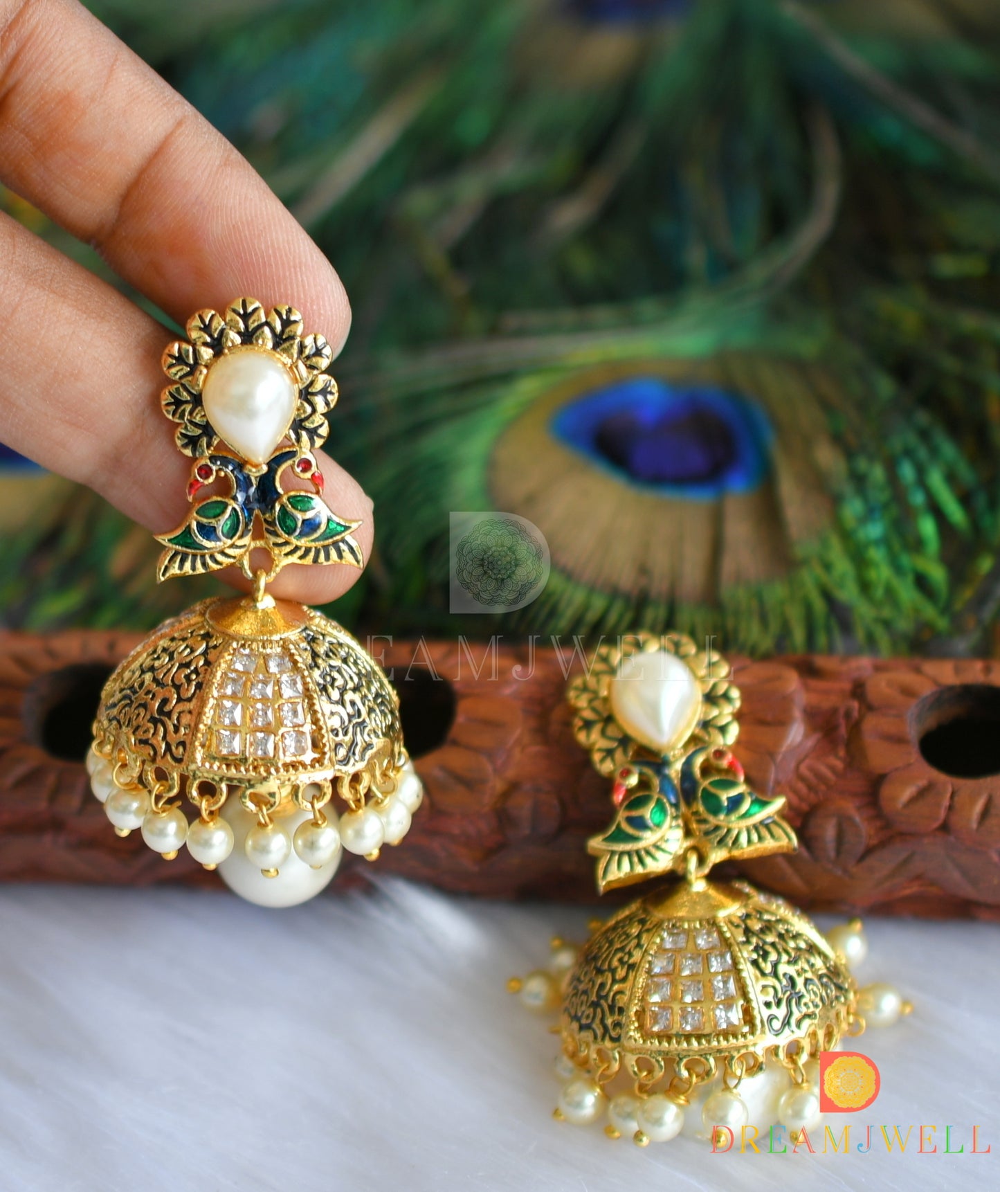 Antique gold tone pearl meenakari peacock Jhumkka dj-01203